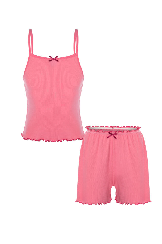 Kız Çocuk Pamuklu Fiyonklu Askılı Şortlu Pijama Takımı Pembe - 7-8 Yaş