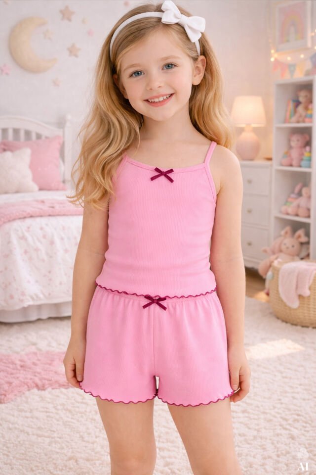 Kız Çocuk Pamuklu Fiyonklu Askılı Şortlu Pijama Takımı Pembe - 9-10 Yaş