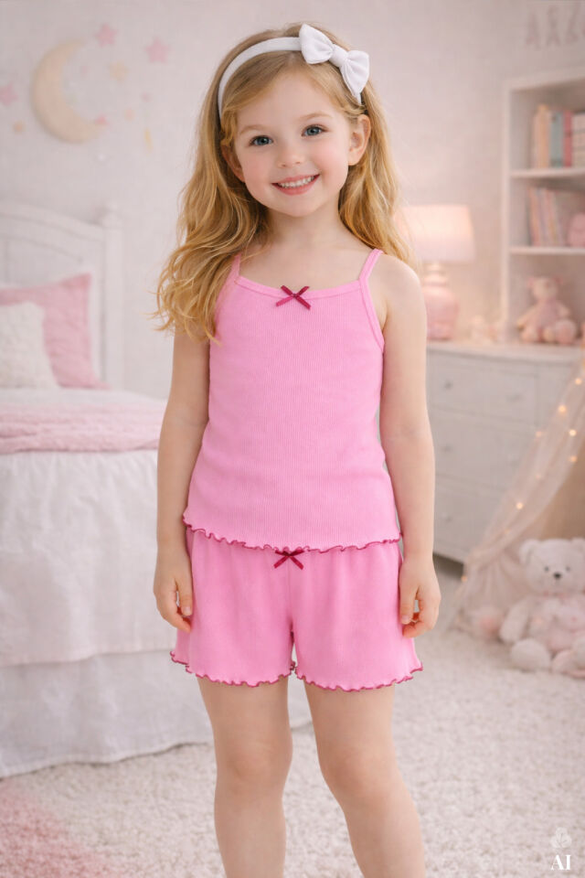 Kız Çocuk Pamuklu Fiyonklu Askılı Şortlu Pijama Takımı Pembe - 9-10 Yaş