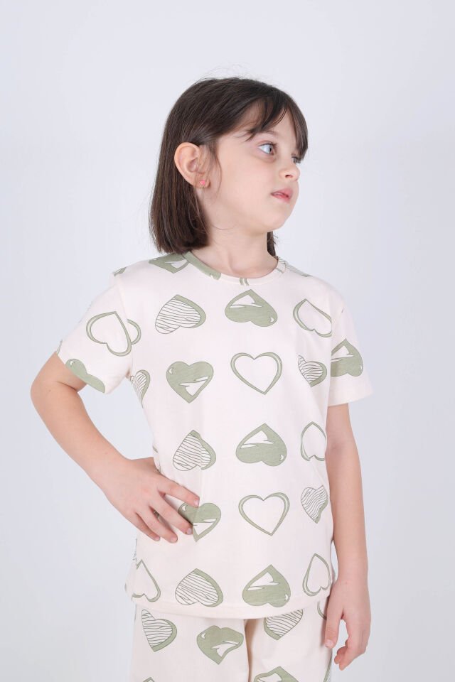 Kız Çocuk Pamuklu Kalpli Desenli Pijama Takımı Ekru - Yeşil - 9 - 10 Yaş