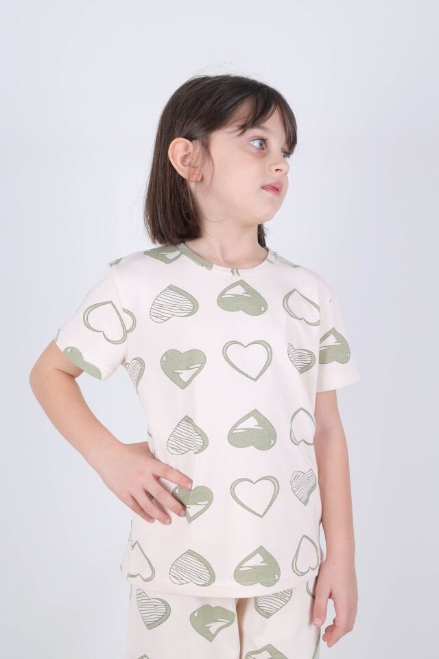 Kız Çocuk Pamuklu Kalpli Desenli Pijama Takımı Ekru - Yeşil - 9 - 10 Yaş