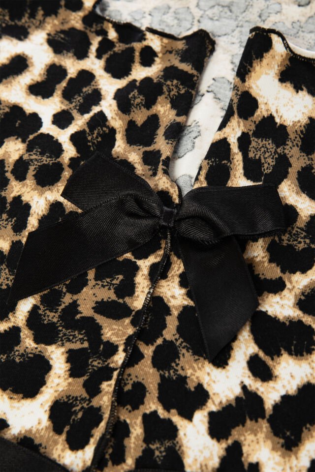 Sevgililer Günü Temalı Kadın Pamuklu Çıtır Çiçek Desenli Baby Overloklu Fiyonklu Uzun Kollu Pijama Takımı XL - Kahvrengi - Siyah