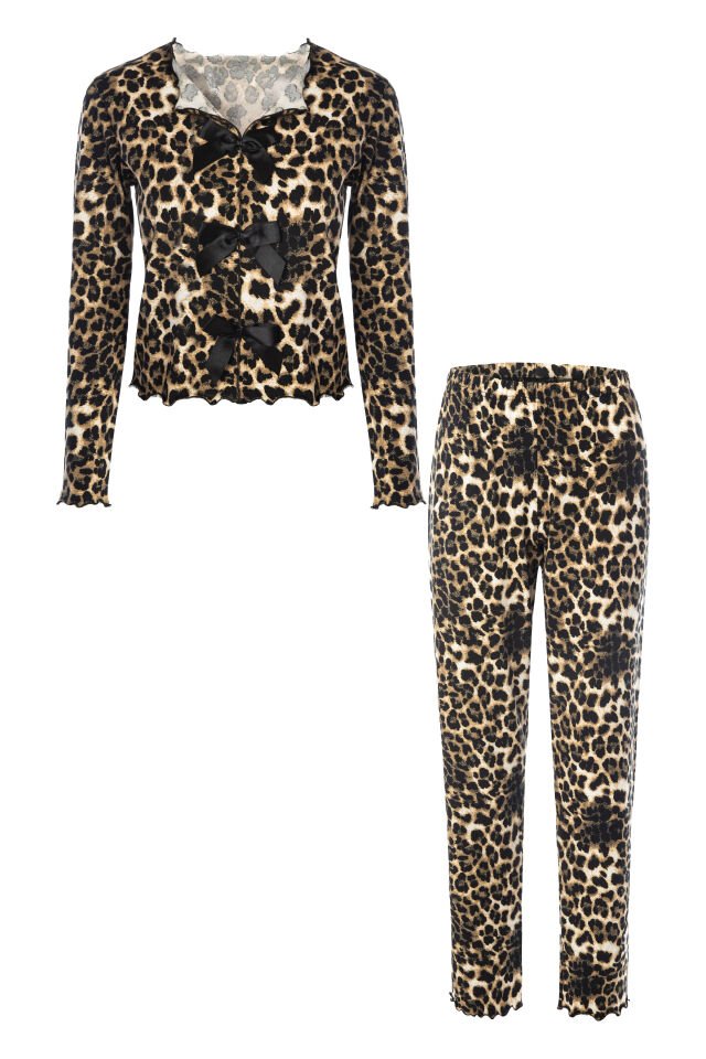 Sevgililer Günü Temalı Kadın Pamuklu Çıtır Çiçek Desenli Baby Overloklu Fiyonklu Uzun Kollu Pijama Takımı XL - Kahvrengi - Siyah