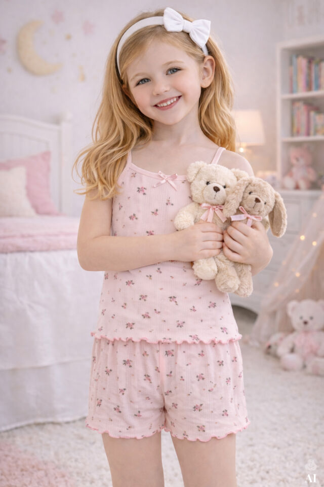 Kız Çocuk Pamuklu Çiçek Desenli Fiyonklu Askılı Şortlu Pijama Takımı
