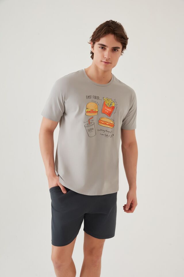 Erkek Pamuklu Baskı Detaylı Şort Takımı S - Füme - Gri