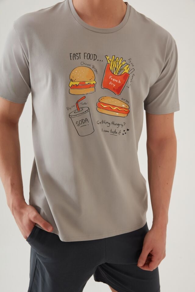 Erkek Pamuklu Baskı Detaylı Şort Takımı S - Füme - Gri