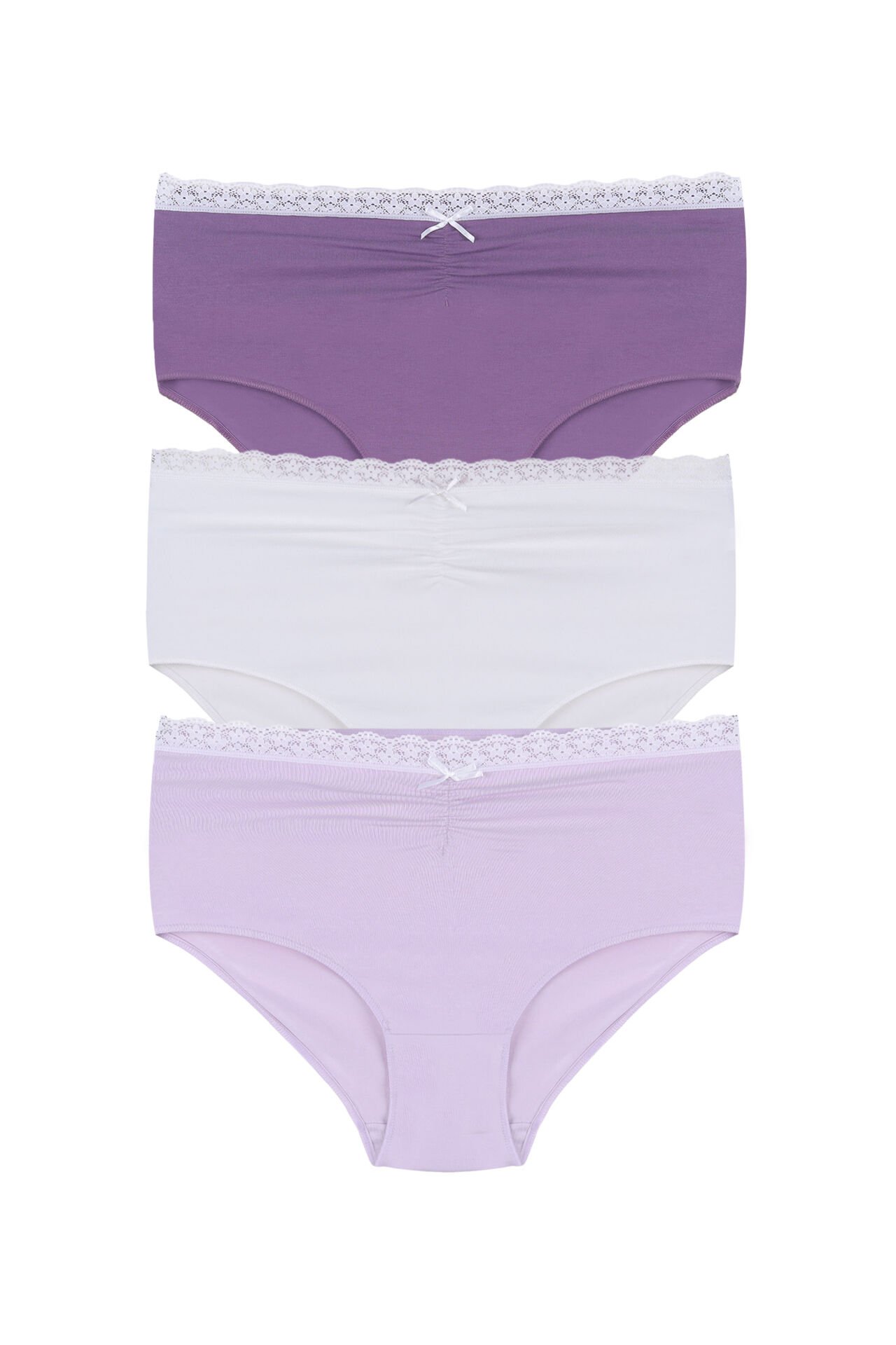 Kadın Ön Bel Dantelli Büzgülü ve Fiyonk Detaylı Lastikli 3'lü Külot Pudra - Beyaz - XL/2XL