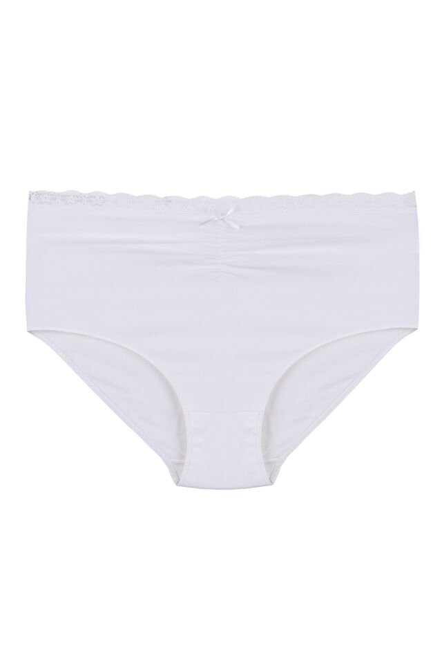 Kadın Ön Bel Dantelli Büzgülü ve Fiyonk Detaylı Lastikli 3'lü Külot Pudra - Beyaz - XL/2XL