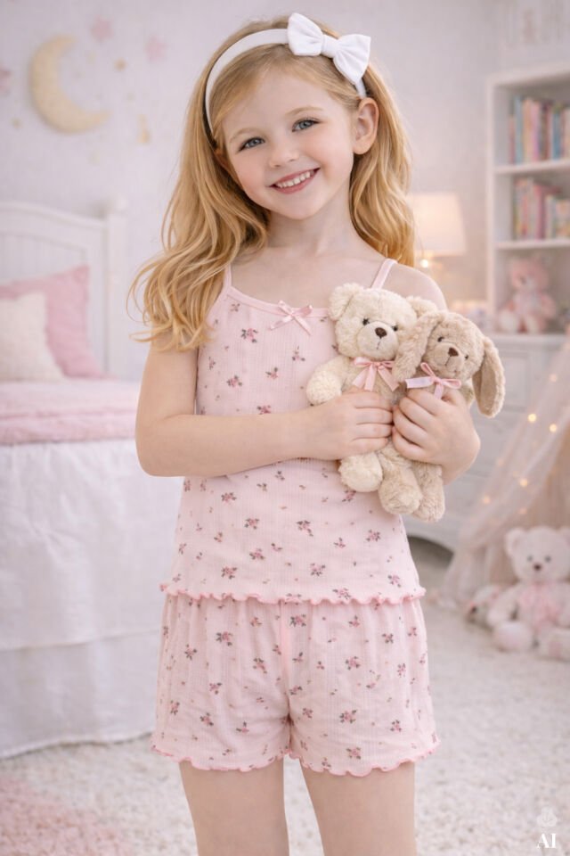 Kız Çocuk Pamuklu Çiçek Desenli Fiyonklu Askılı Şortlu Pijama Takımı Pembe - 5-6 Yaş