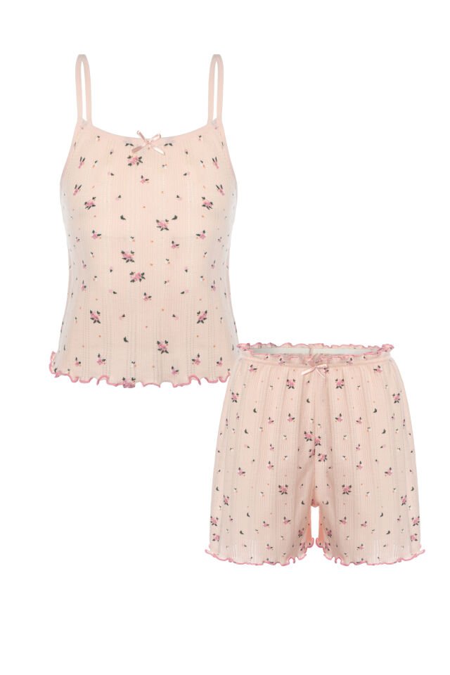 Kız Çocuk Pamuklu Çiçek Desenli Fiyonklu Askılı Şortlu Pijama Takımı Pembe - 5-6 Yaş