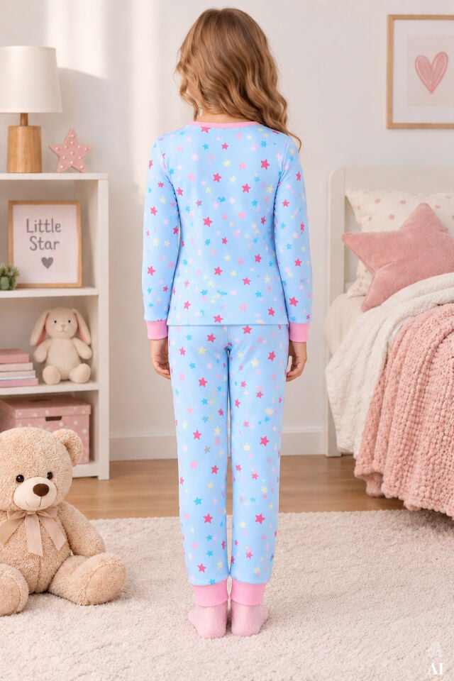 Kız Çocuk Pamuklu Mavi Pembe Baskılı 4'lü Örme Regular Alt-Üst Pijama Takımı Pembe -  Mavi - 9-10 Yaş