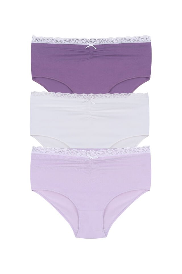 Kadın Ön Bel Dantelli Büzgülü ve Fiyonk Detaylı Lastikli 3'lü Külot  Pudra - Beyaz - 3XL