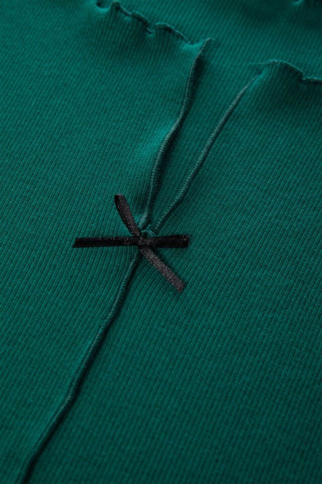 Sevgililer Günü Temalı Kadın Pamuklu Çıtır Çiçek Desenli Baby Overloklu Fiyonklu Uzun Kollu Pijama Takımı M - Yeşil