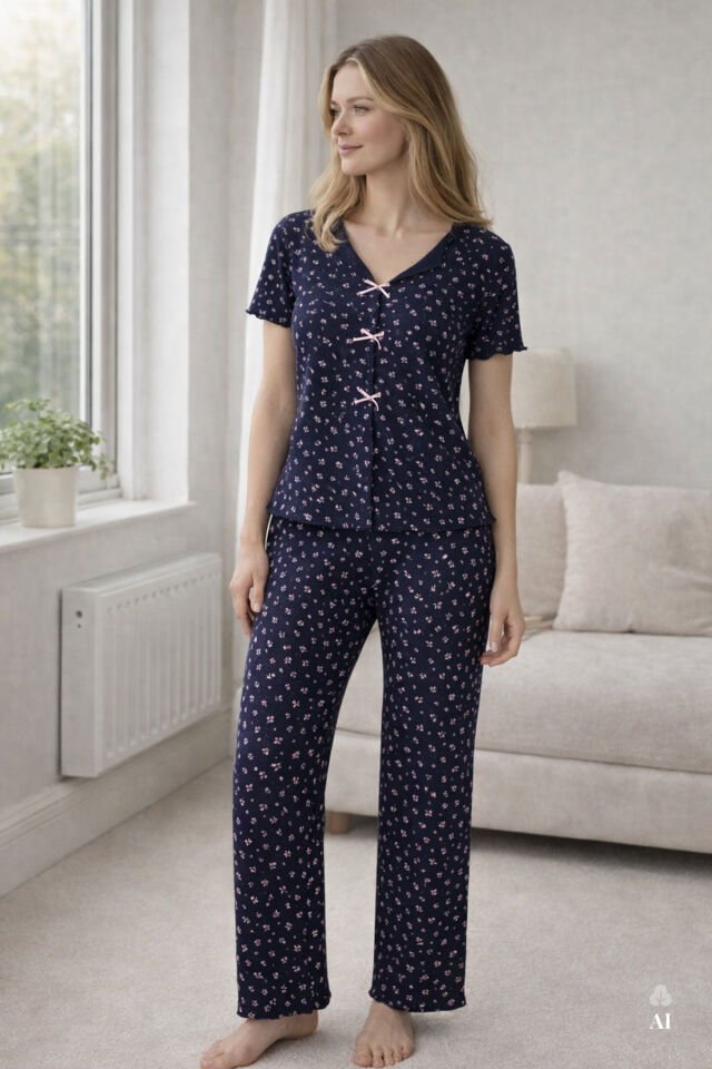 Kadın Kısa Kollu Fiyonklu Fitilli Pijama Takımı S