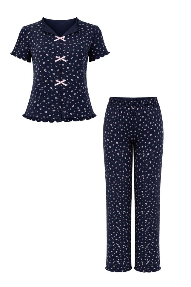 Kadın Kısa Kollu Fiyonklu Fitilli Pijama Takımı S