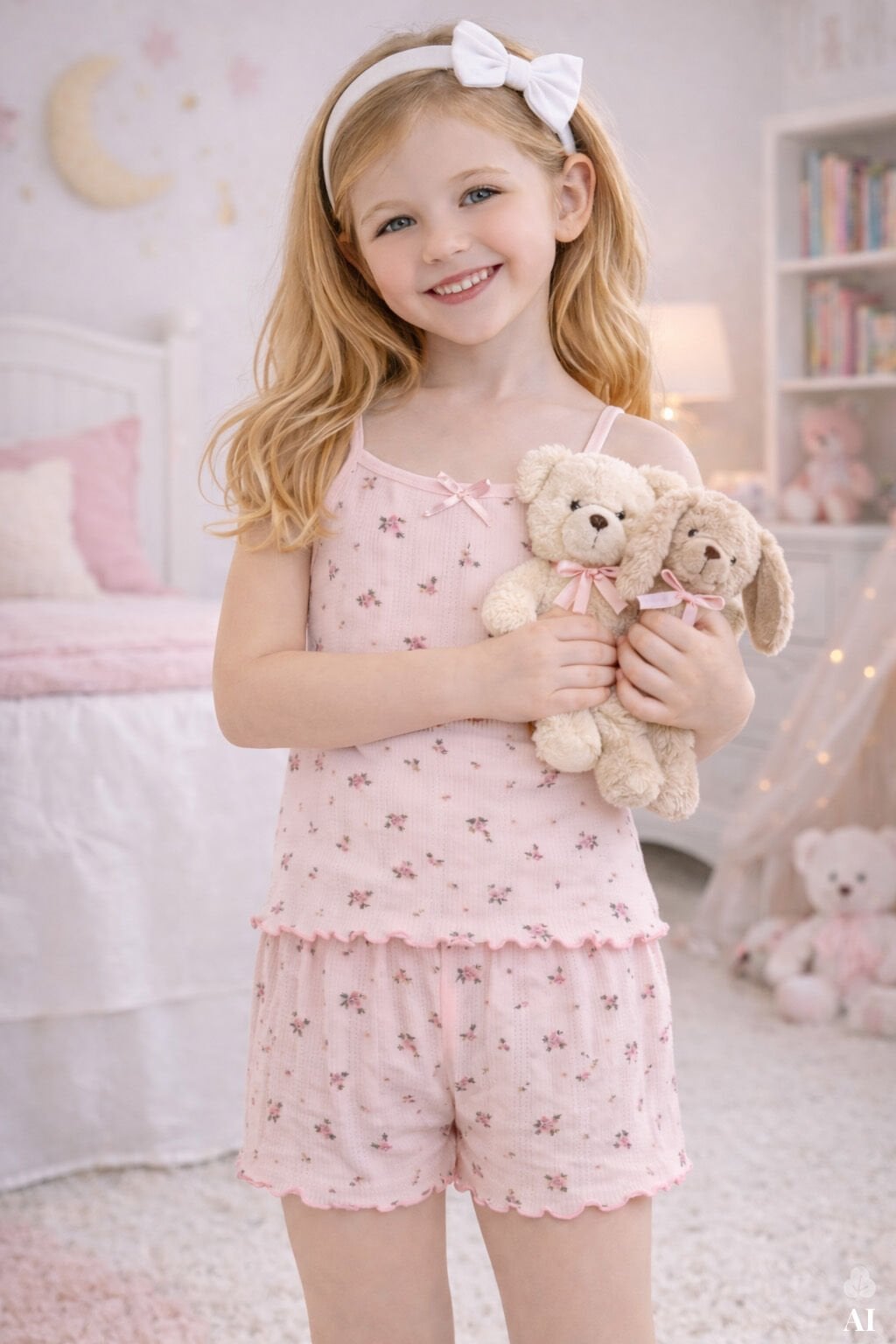 Kız Çocuk Pamuklu Çiçek Desenli Fiyonklu Askılı Şortlu Pijama Takımı Pembe - 9-10 Yaş