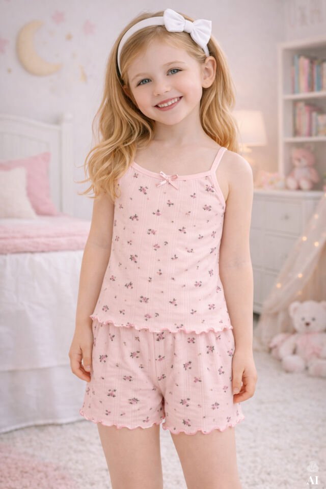 Kız Çocuk Pamuklu Çiçek Desenli Fiyonklu Askılı Şortlu Pijama Takımı Pembe - 9-10 Yaş