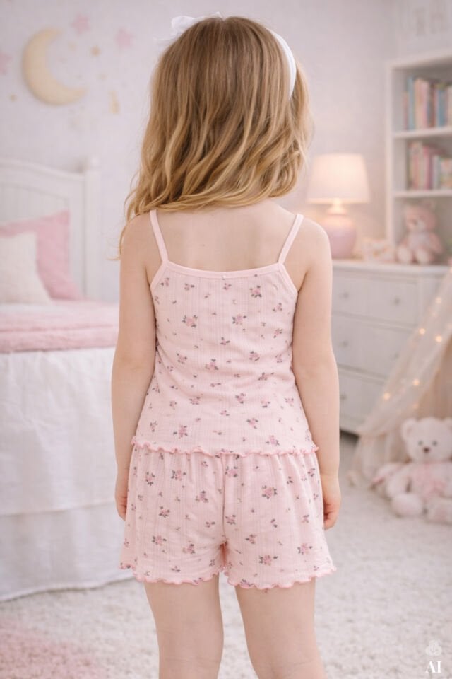 Kız Çocuk Pamuklu Çiçek Desenli Fiyonklu Askılı Şortlu Pijama Takımı Pembe - 9-10 Yaş