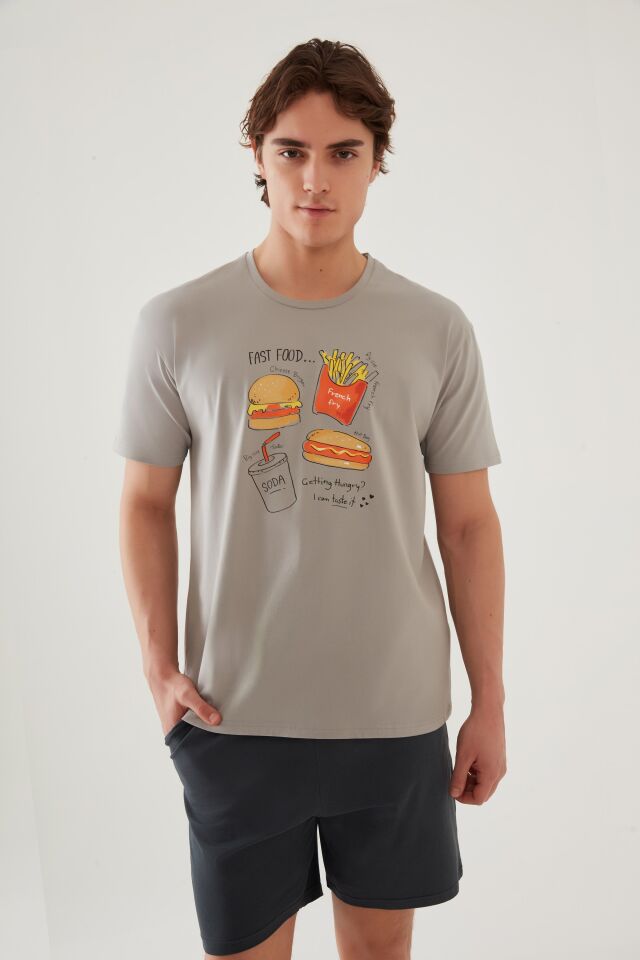 Erkek Pamuklu Baskı Detaylı Şort Takımı XL - Füme - Gri