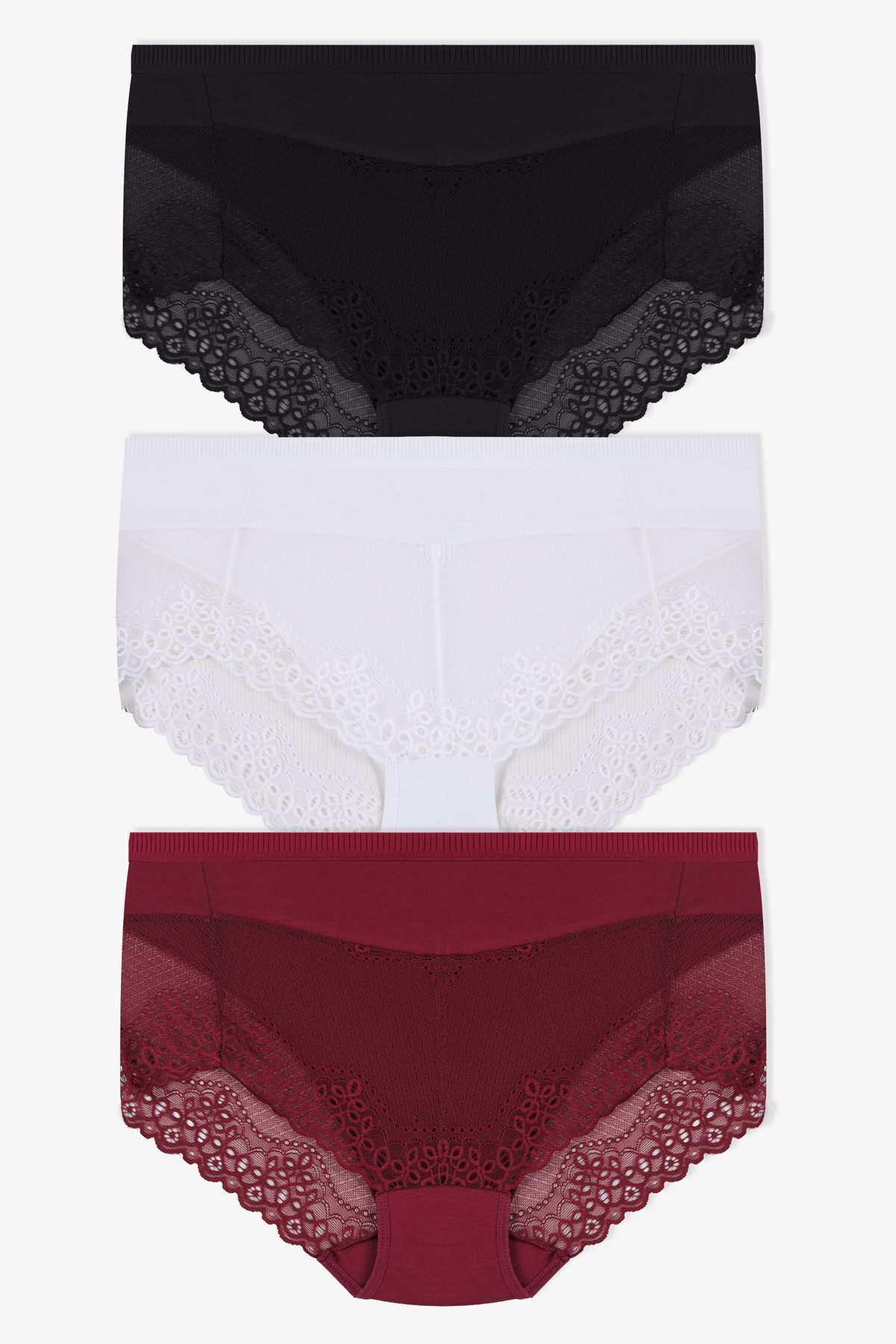 Kadın 3'lü Dantel Detaylı Yüksek Bel Külot KO20900 Siyah-Ekru-Bordo - S/M