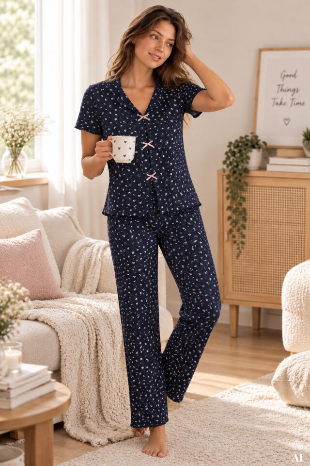 Kadın Kısa Kollu Fiyonklu Fitilli Pijama Takımı M