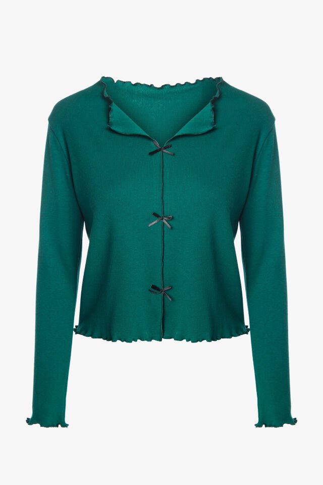 Sevgililer Günü Temalı Kadın Pamuklu Çıtır Çiçek Desenli Baby Overloklu Fiyonklu Uzun Kollu Pijama Takımı XL - Yeşil