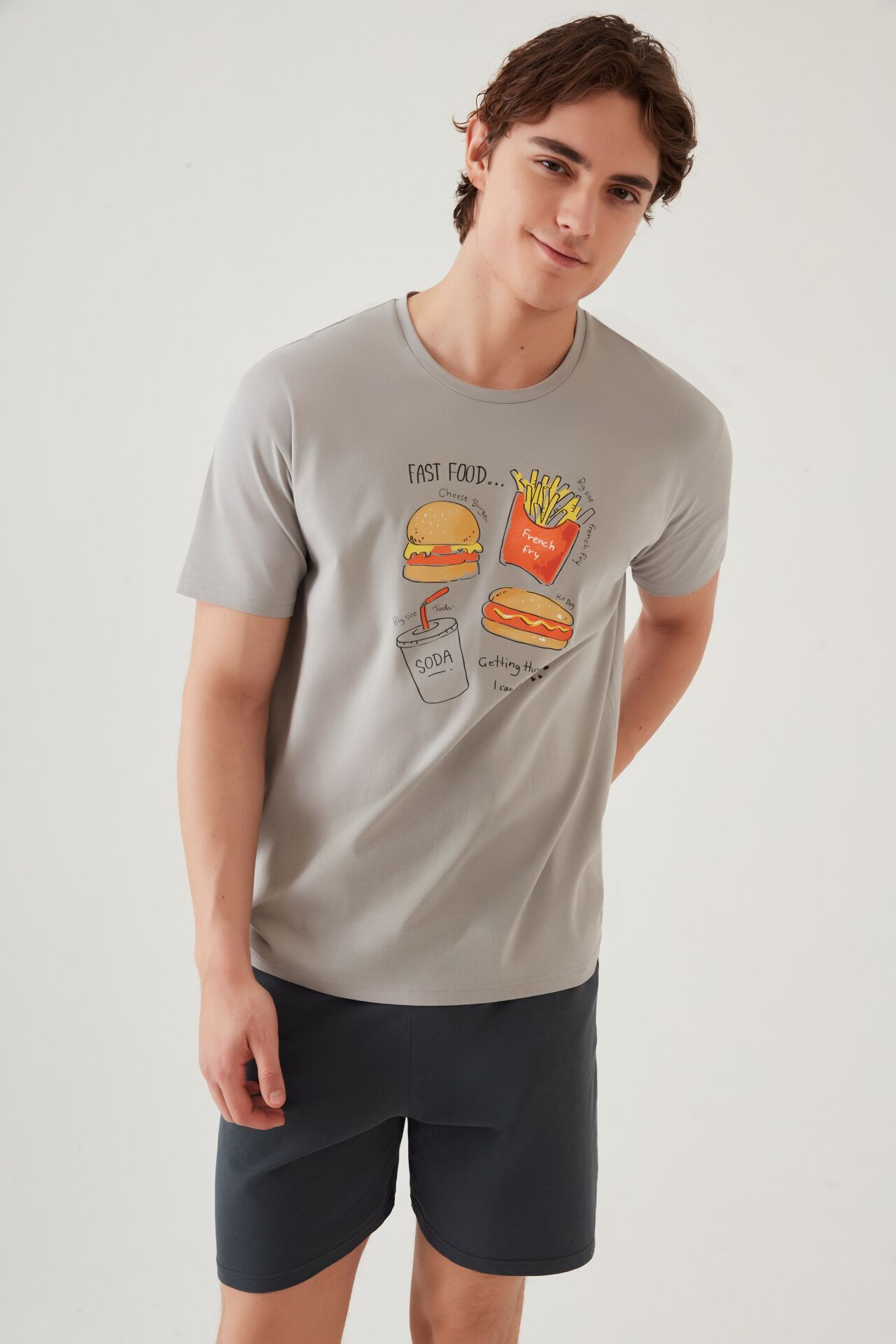 Erkek Pamuklu Baskı Detaylı Şort Takımı 2XL - Füme - Gri