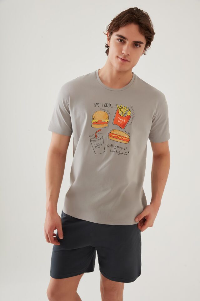 Erkek Pamuklu Baskı Detaylı Şort Takımı 2XL - Füme - Gri