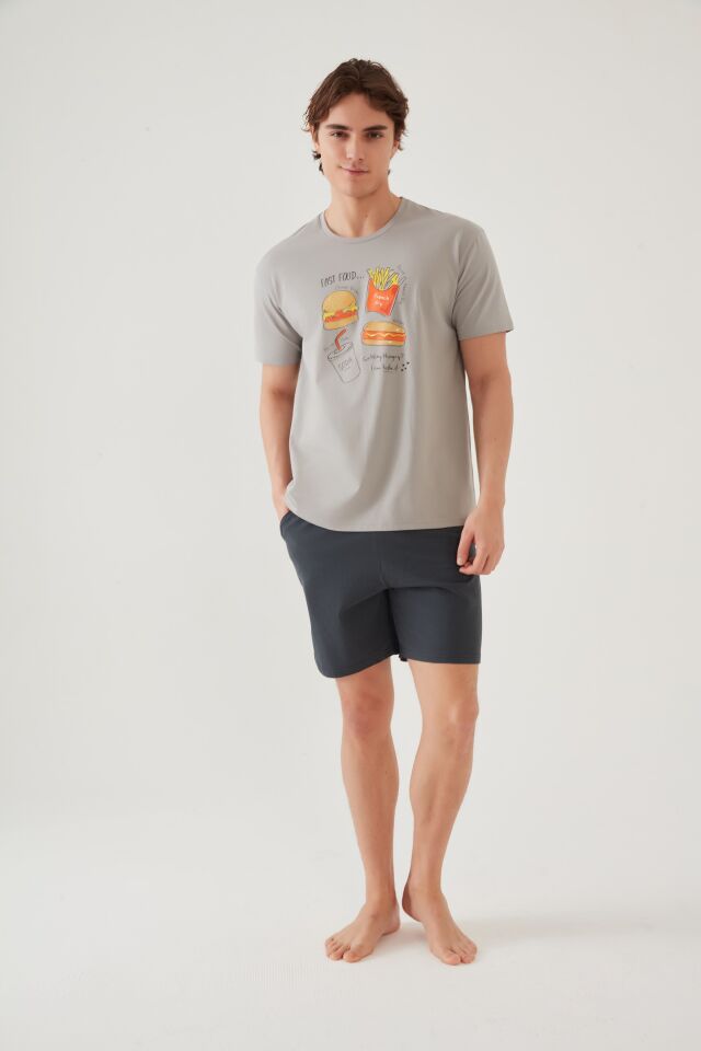 Erkek Pamuklu Baskı Detaylı Şort Takımı 2XL - Füme - Gri
