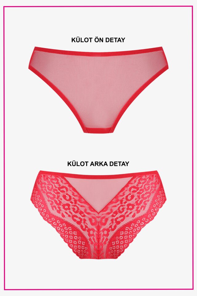 Sevgililer Günü Temalı Kadın Dolgusuz Kırmızı Leopar Desenli Tüllü Büstiyer Takım 75B - Kırmızı