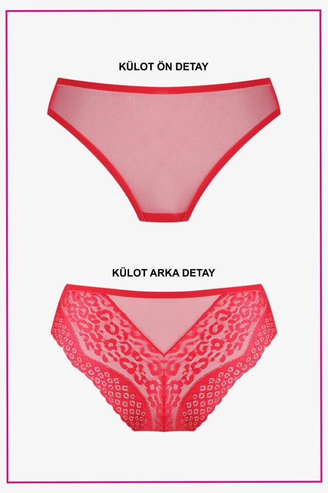 Sevgililer Günü Temalı Kadın Dolgusuz Kırmızı Leopar Desenli Tüllü Büstiyer Takım 75B - Kırmızı