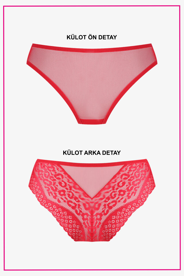 Sevgililer Günü Temalı Kadın Dolgusuz Kırmızı Leopar Desenli Tüllü Büstiyer Takım 75B - Kırmızı
