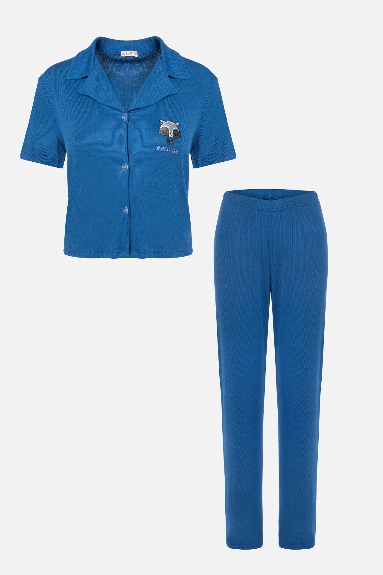 Kadın Gömlek Yaka Rakun Nakışlı Fitilli Örme Pijama Takımı S - Saks