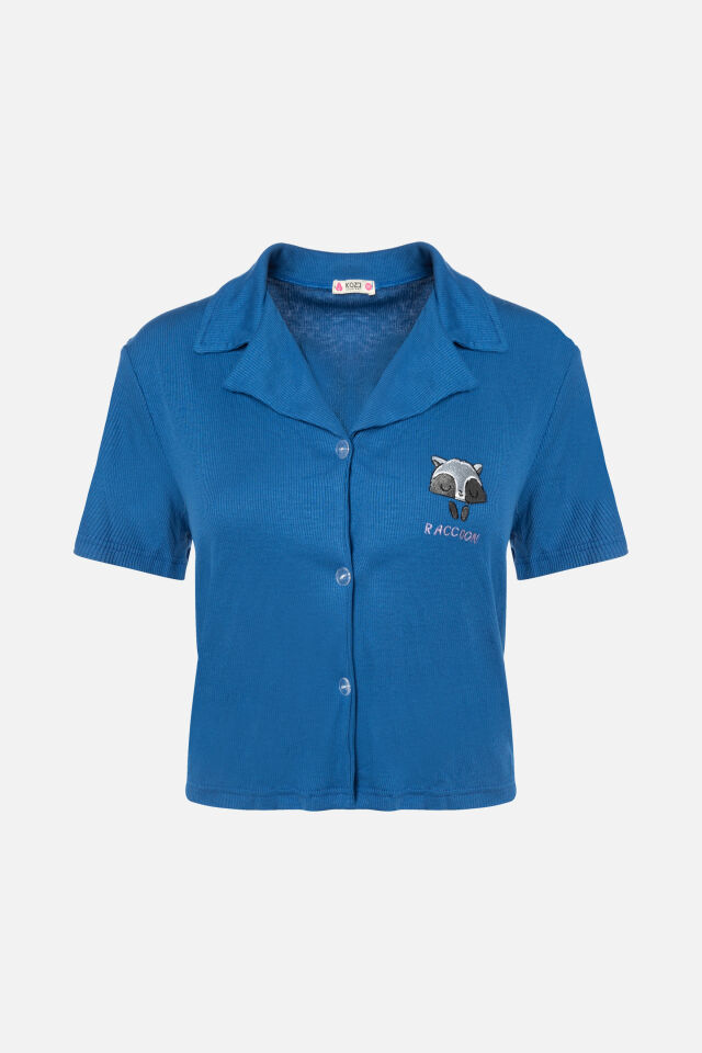 Kadın Gömlek Yaka Rakun Nakışlı Fitilli Örme Pijama Takımı S - Saks