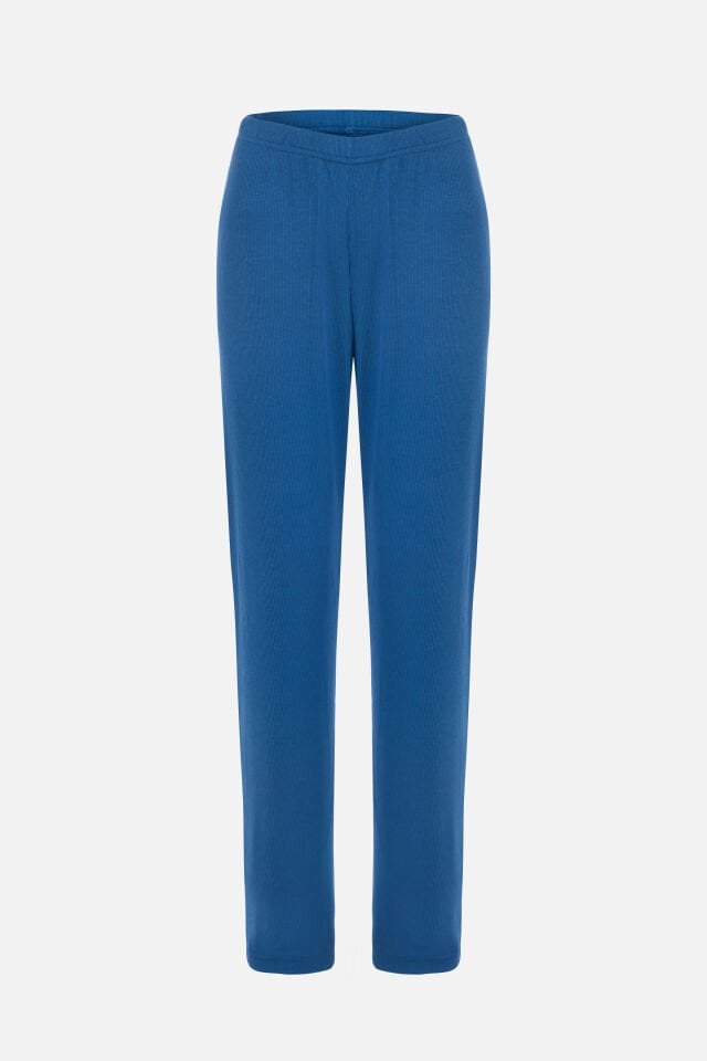 Kadın Gömlek Yaka Rakun Nakışlı Fitilli Örme Pijama Takımı S - Saks