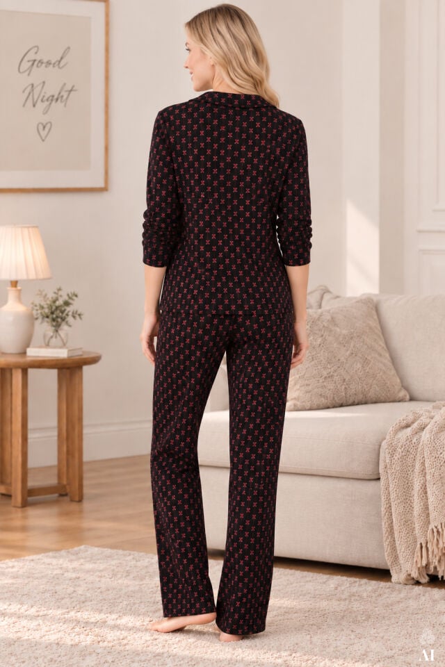 3'lü Çizgili Pamuklu Pijama Takımı Siyah - Pembe - XL