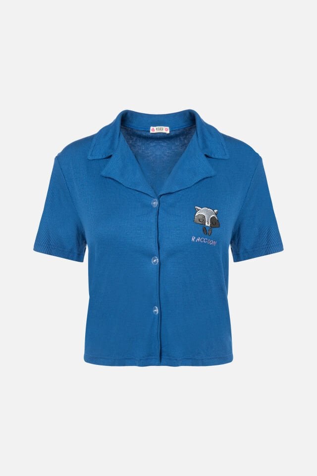 Kadın Gömlek Yaka Rakun Nakışlı Fitilli Örme Pijama Takımı M - Saks