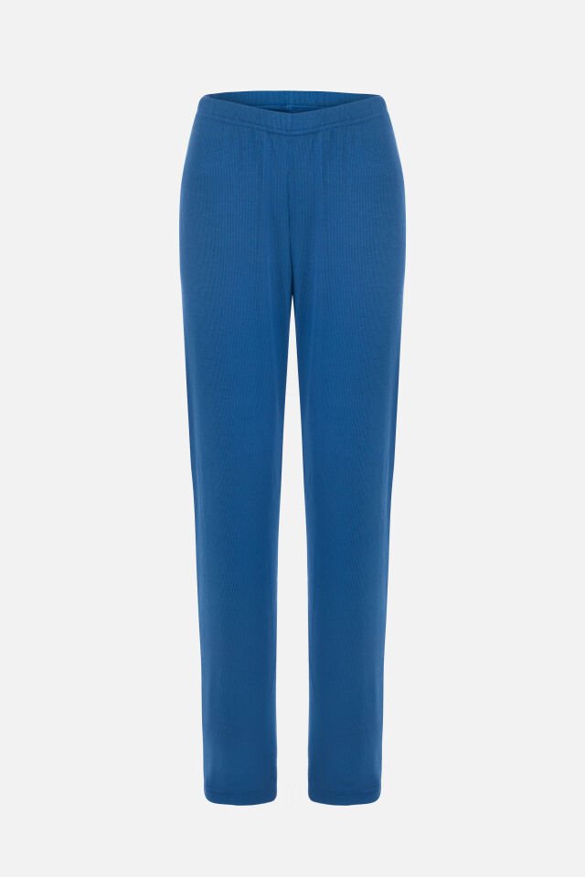 Kadın Gömlek Yaka Rakun Nakışlı Fitilli Örme Pijama Takımı M - Saks