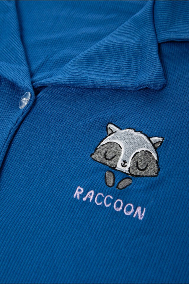 Kadın Gömlek Yaka Rakun Nakışlı Fitilli Örme Pijama Takımı M - Saks