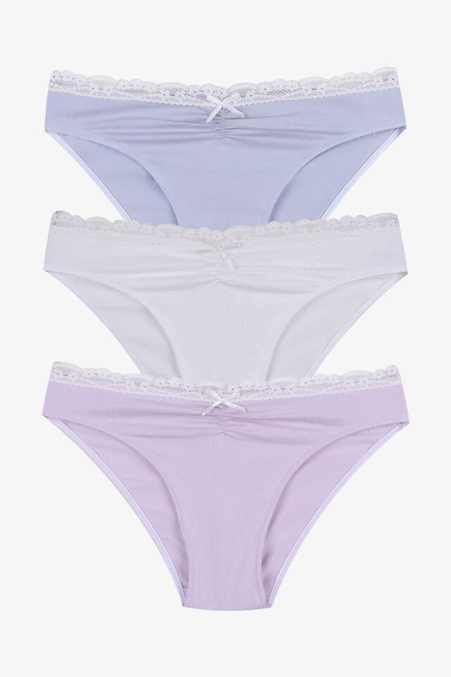 Kadın Ön Bel Dantelli Büzgülü ve Fiyonk Detaylı Lastikli Külot 3'lü M - Ekru - Lila