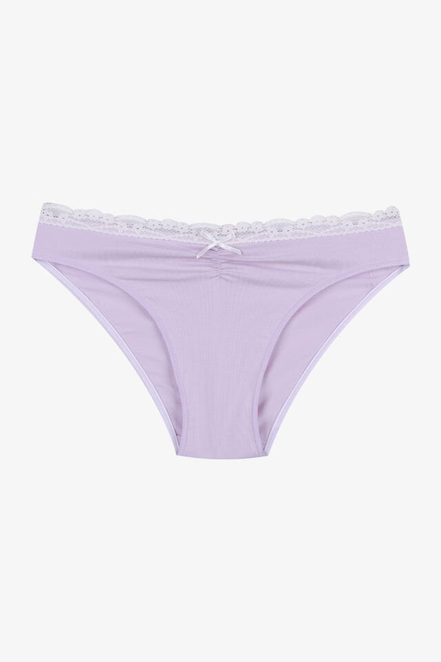 Kadın Ön Bel Dantelli Büzgülü ve Fiyonk Detaylı Lastikli Külot 3'lü M - Ekru - Lila