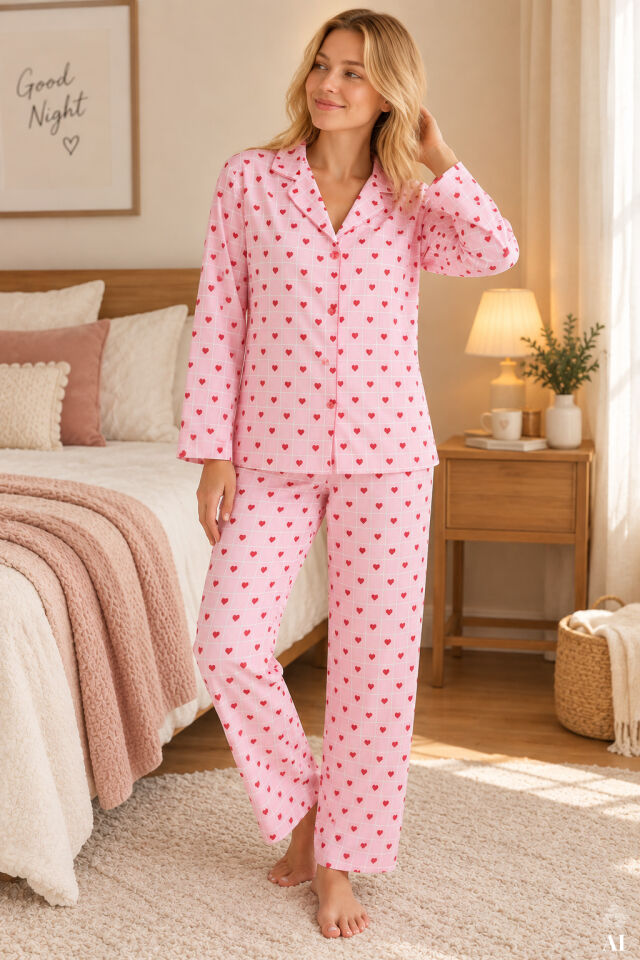 Kadın Pamuklu Kalp Desenli Gömlek Yaka Uzun Kollu Pijama Takımı Pembe -  Beyaz - L