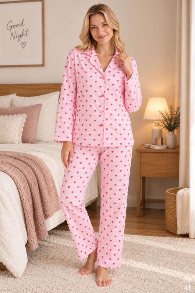 Kadın Pamuklu Kalp Desenli Gömlek Yaka Uzun Kollu Pijama Takımı Pembe - Beyaz - XL