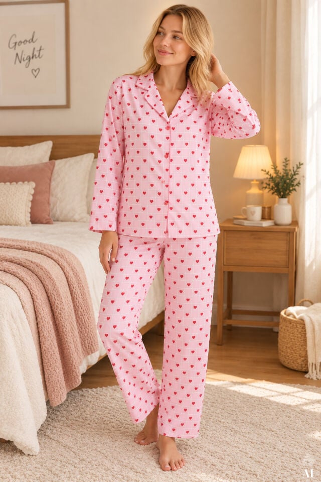 Kadın Pamuklu Kalp Desenli Gömlek Yaka Uzun Kollu Pijama Takımı Pembe -  Beyaz - XL