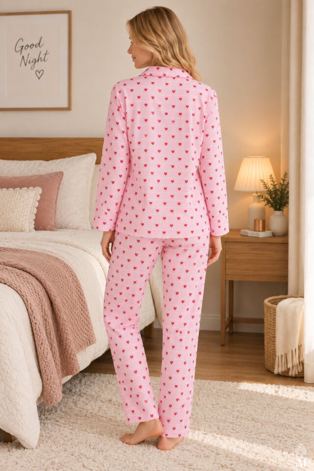 Kadın Pamuklu Kalp Desenli Gömlek Yaka Uzun Kollu Pijama Takımı Pembe -  Beyaz - XL