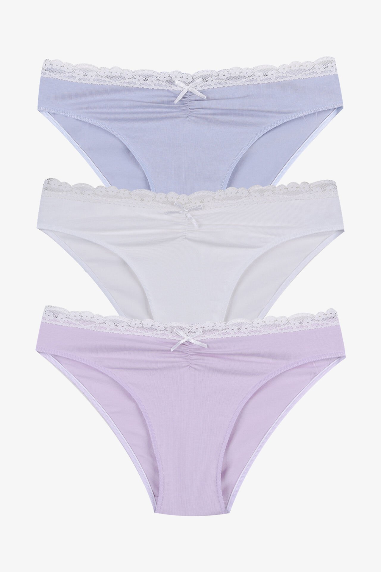 Kadın Ön Bel Dantelli Büzgülü ve Fiyonk Detaylı Lastikli Külot 3'lü XL - Ekru - Lila
