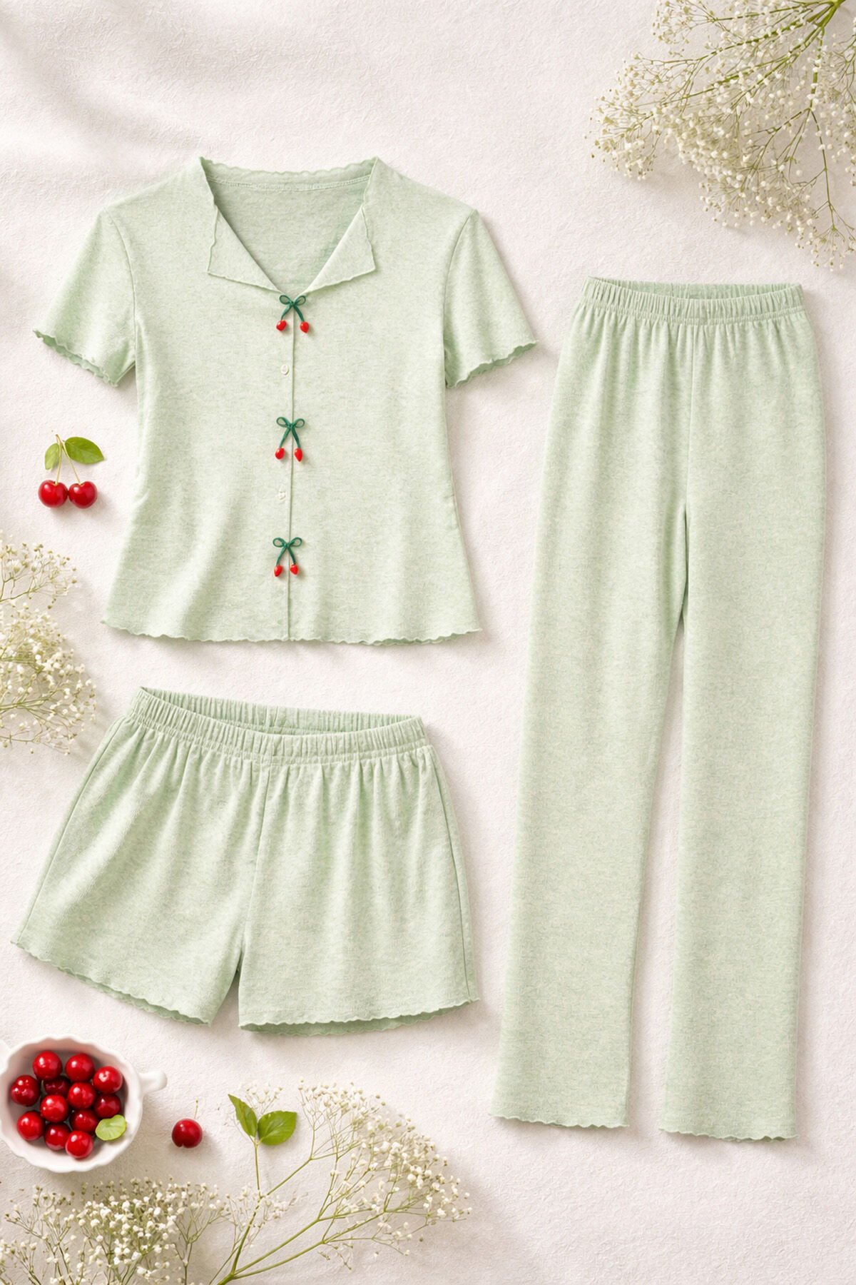 Kadın Pamuklu 3'lü Yeşil Fiyonklu Kaşkorse Pijama Takımı S - Yeşil