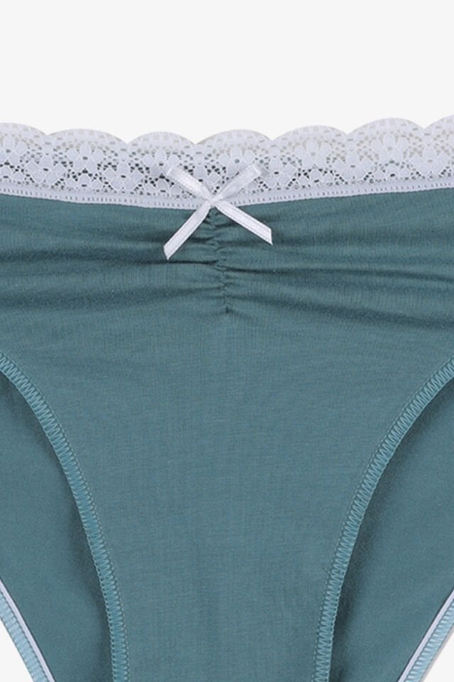 Kadın Ön Bel Dantelli Büzgülü ve Fiyonk Detaylı Lastikli Külot 3'lü S - Yeşil - Gri
