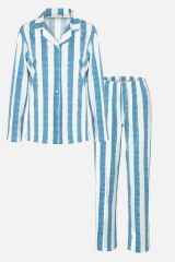 Kadın Uzun Kollu Pamuklu Gömlek Yaka Sulu Boya Efektli Pijama Takımı