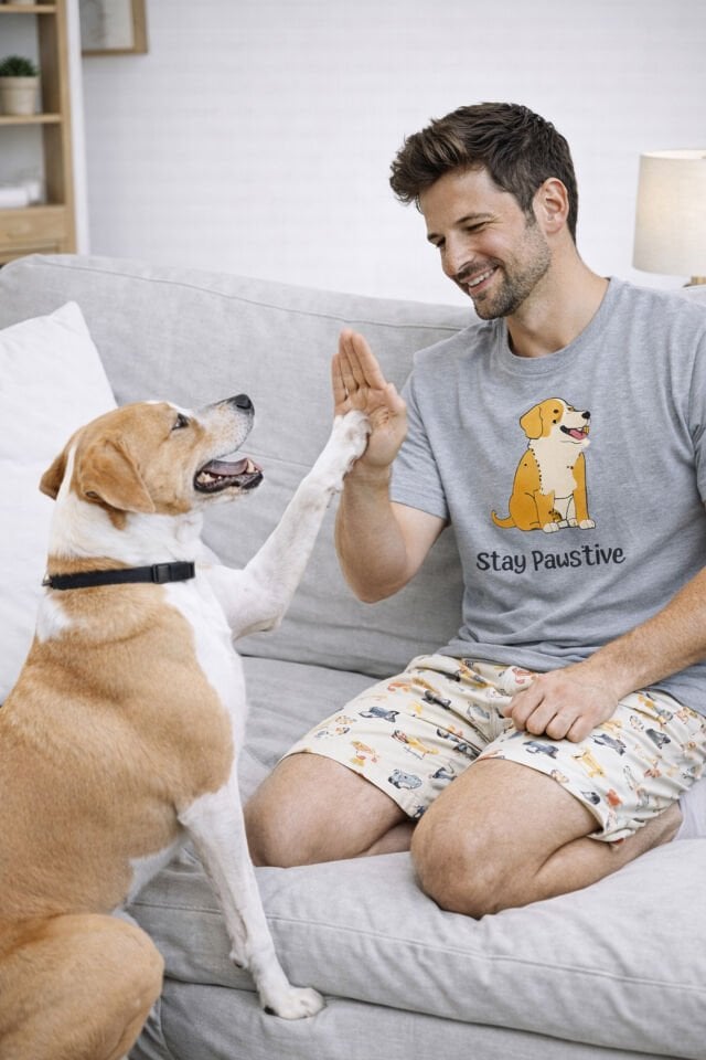 Erkek Pamuklu Köpek Desenli Eğlenceli Cepli Şortlu Pijama Takımı Gri - Sarı - XL